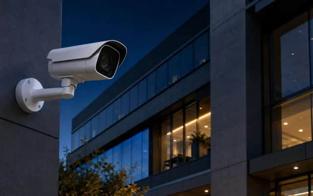 Câmera de segurança instalada em edifício corporativo