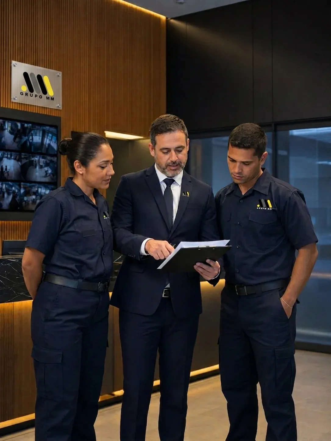 Supervisor orientando equipe de portaria e monitoramento