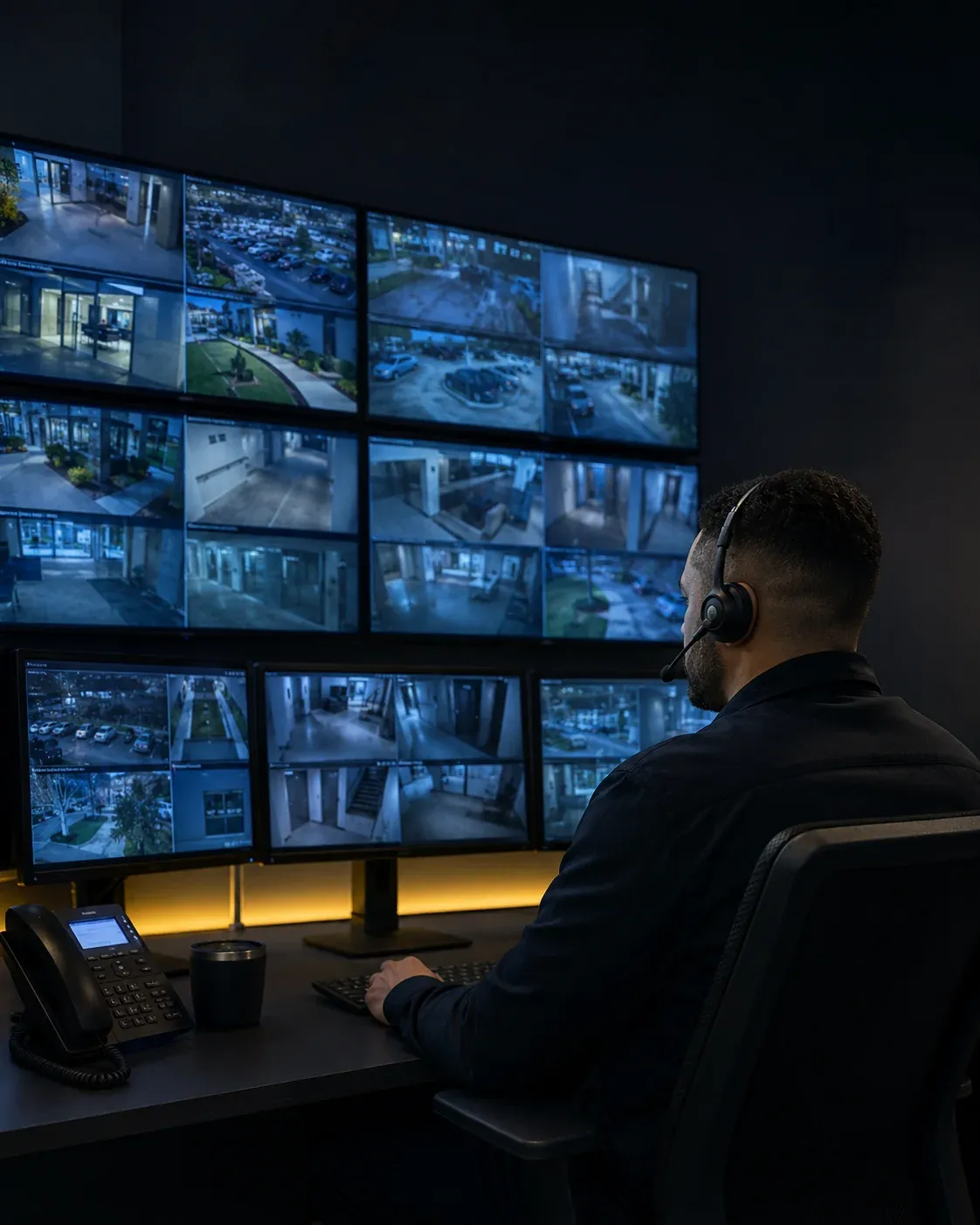 Profissional operando uma central de monitoramento por câmeras