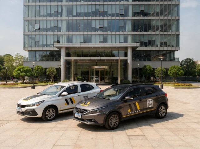 Veículos de apoio operacional do Grupo MM em edifício corporativo