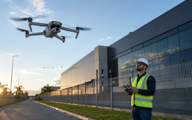 Profissional realizando supervisão de perímetro com drone